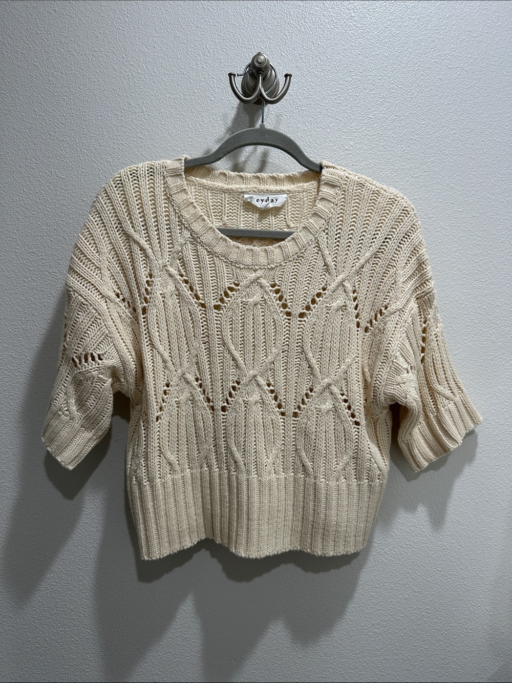 heyday Cream Open-Knit Cropped Short-Sleeve Sweater